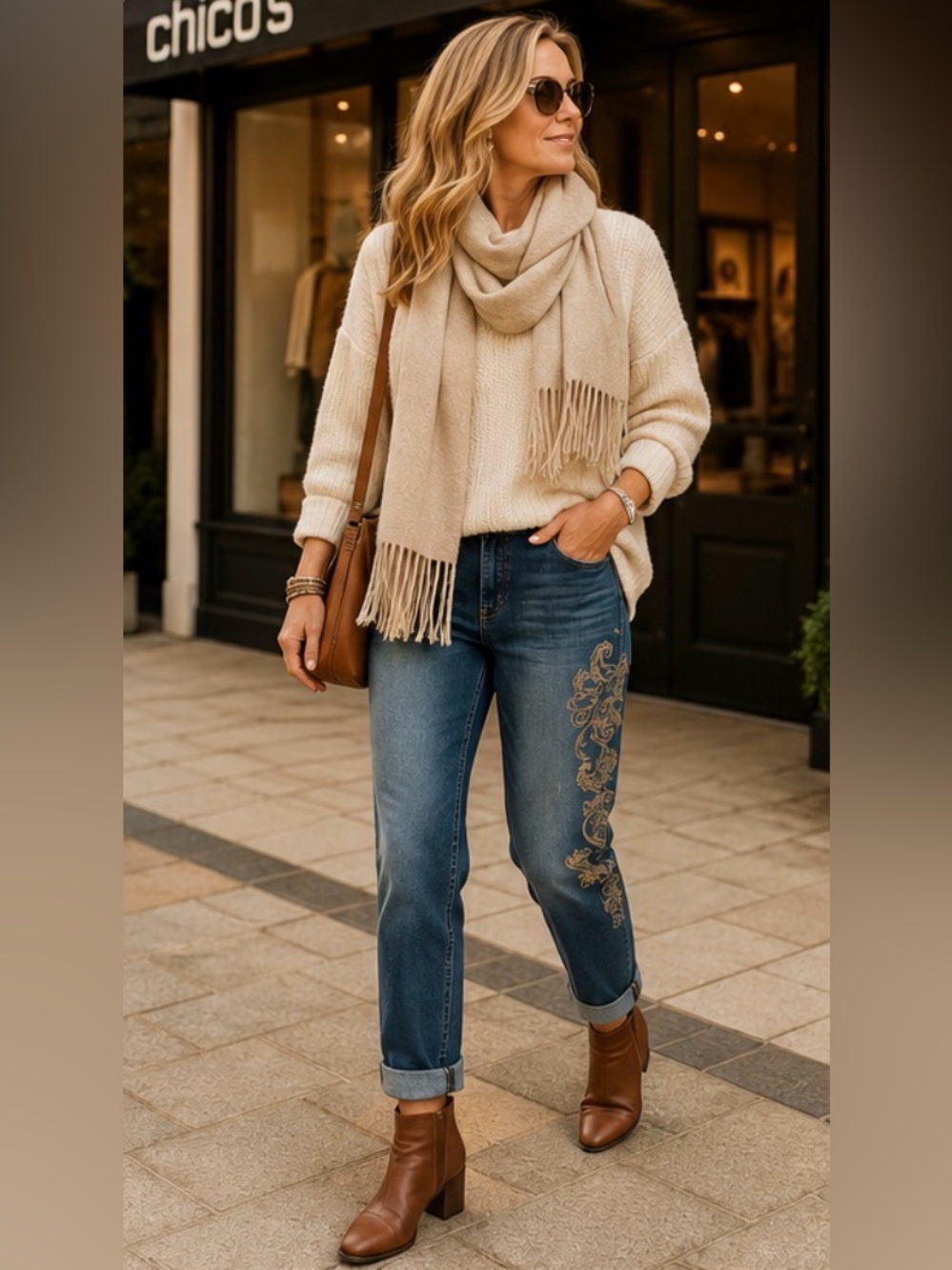 Chico's Embroidered Blue Boyfriend Jeans with Tan Accents